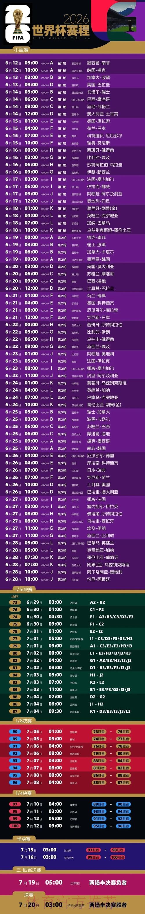 2026世界杯每日赛程完整版实时赛程官网入口 2026世界杯每日赛程完整版实时赛程官网入口